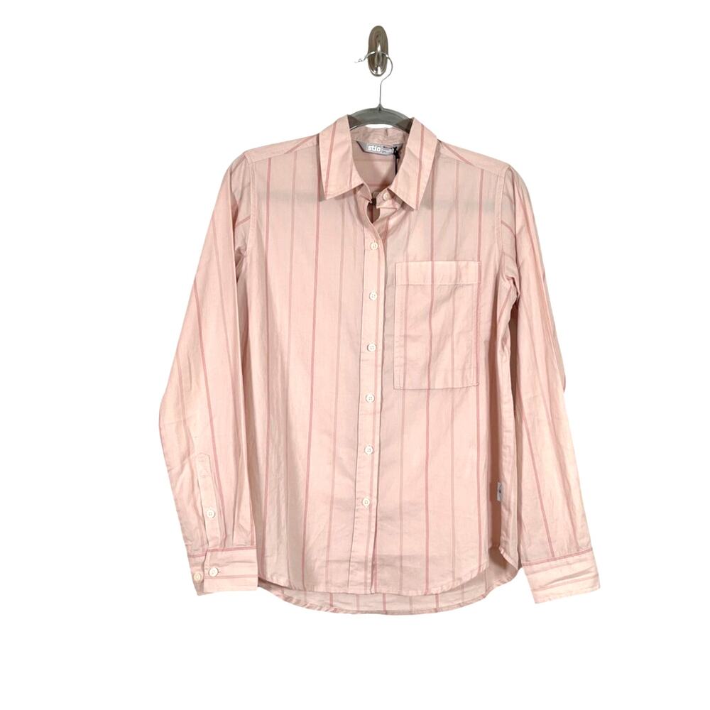 Stio Womens Marion Long Sleeve Button Up Shirt Pink Stripe Cotton Size XS NWT